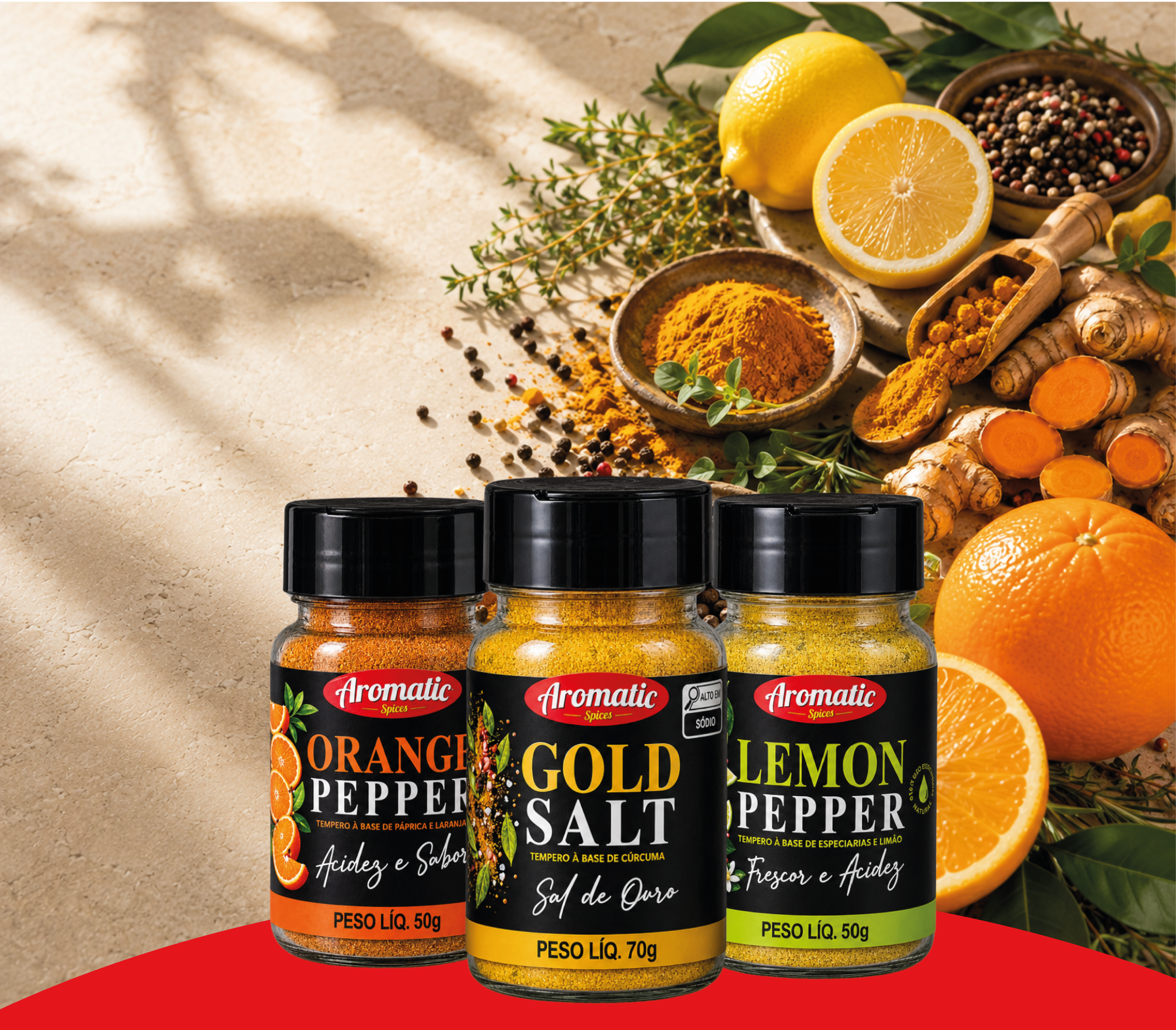 Linha Pepper Aromatic Spices — Lemon Pepper, Orange Pepper e Gold Salt