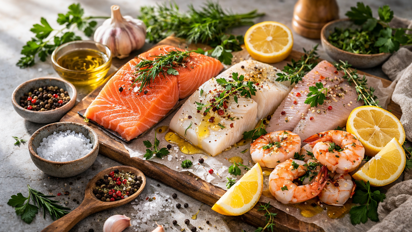 Fotografia de peixes e frutos do mar sobre mármore claro, com salmão, bacalhau, tilápia e camarões, acompanhados de ervas frescas, alho, limão, sal grosso e pimenta-do-reino.